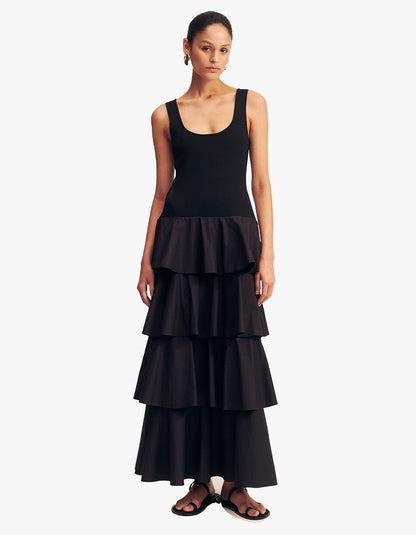 Aliah Scoop Neck Tiered Maxi Dress - Black