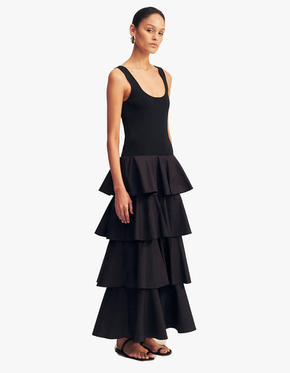 Aliah Scoop Neck Tiered Maxi Dress - Black