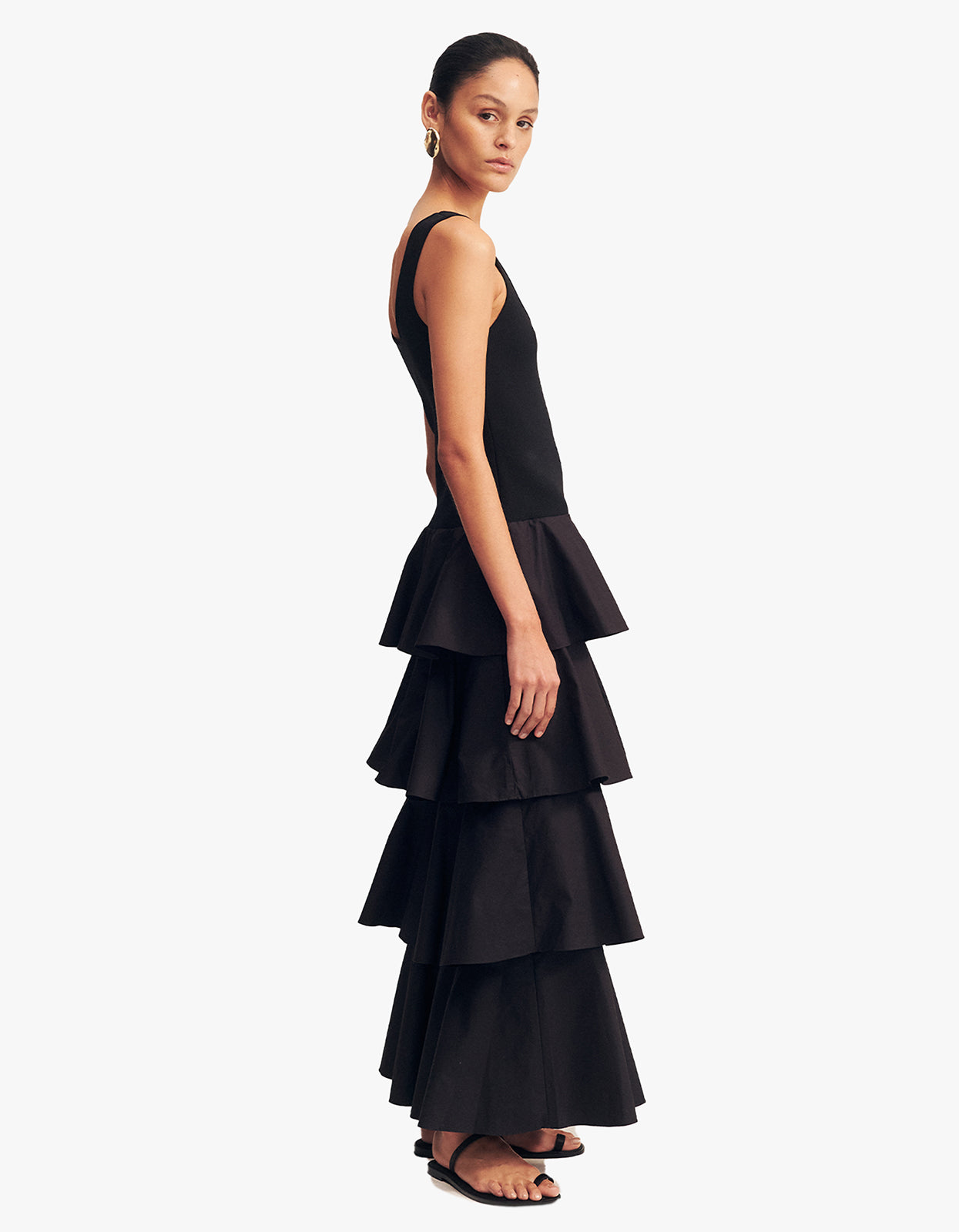 Aliah Scoop Neck Tiered Maxi Dress - Black