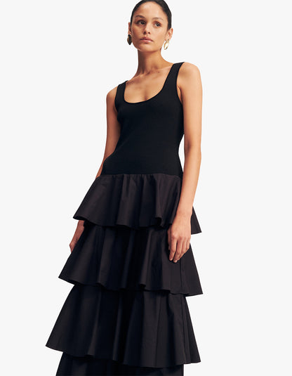 Aliah Scoop Neck Tiered Maxi Dress - Black